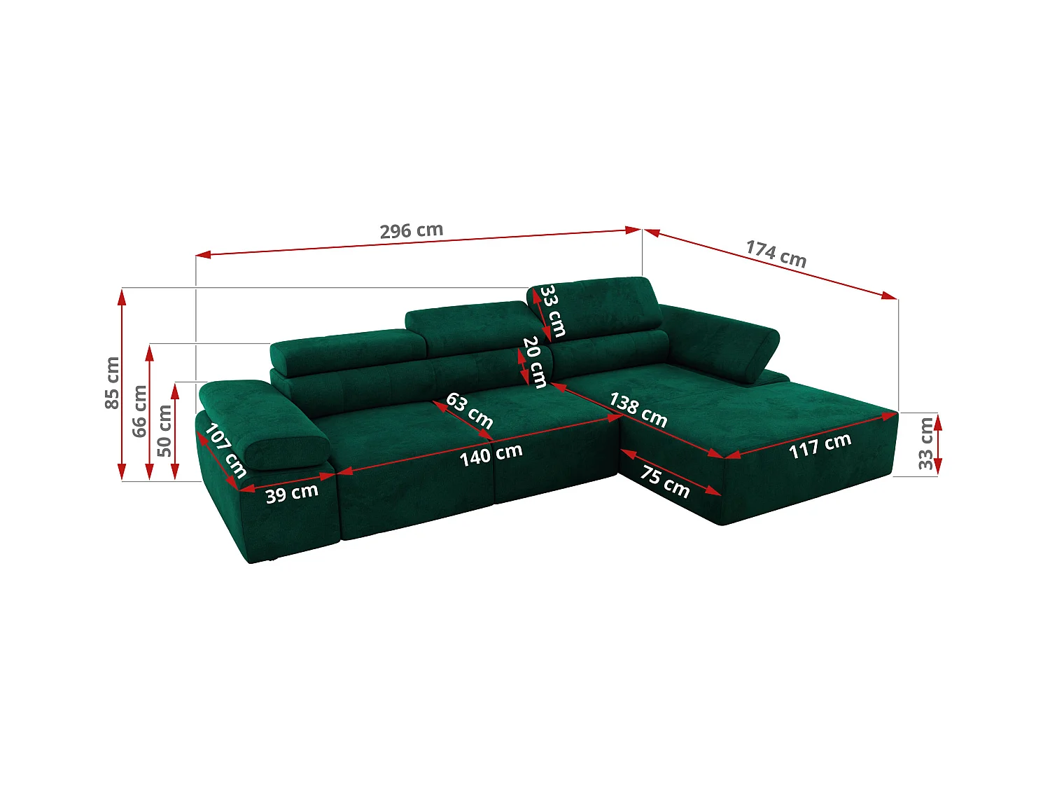 Ecksofa RILASSO - L-förmige Ecke mit Relax-funktion, elektrisch verstellbarer Sitz, Armlehnen - Dunkelgrün Velvet - Ecke Rechts
