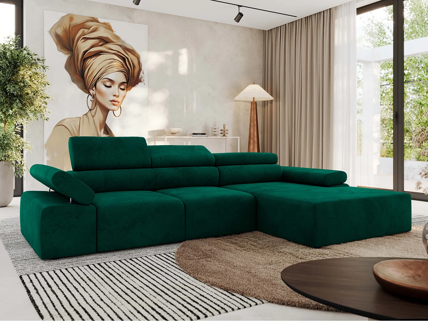 Ecksofa RILASSO - L-förmige Ecke mit Relax-funktion, elektrisch verstellbarer Sitz, Armlehnen - Dunkelgrün Velvet - Ecke Rechts