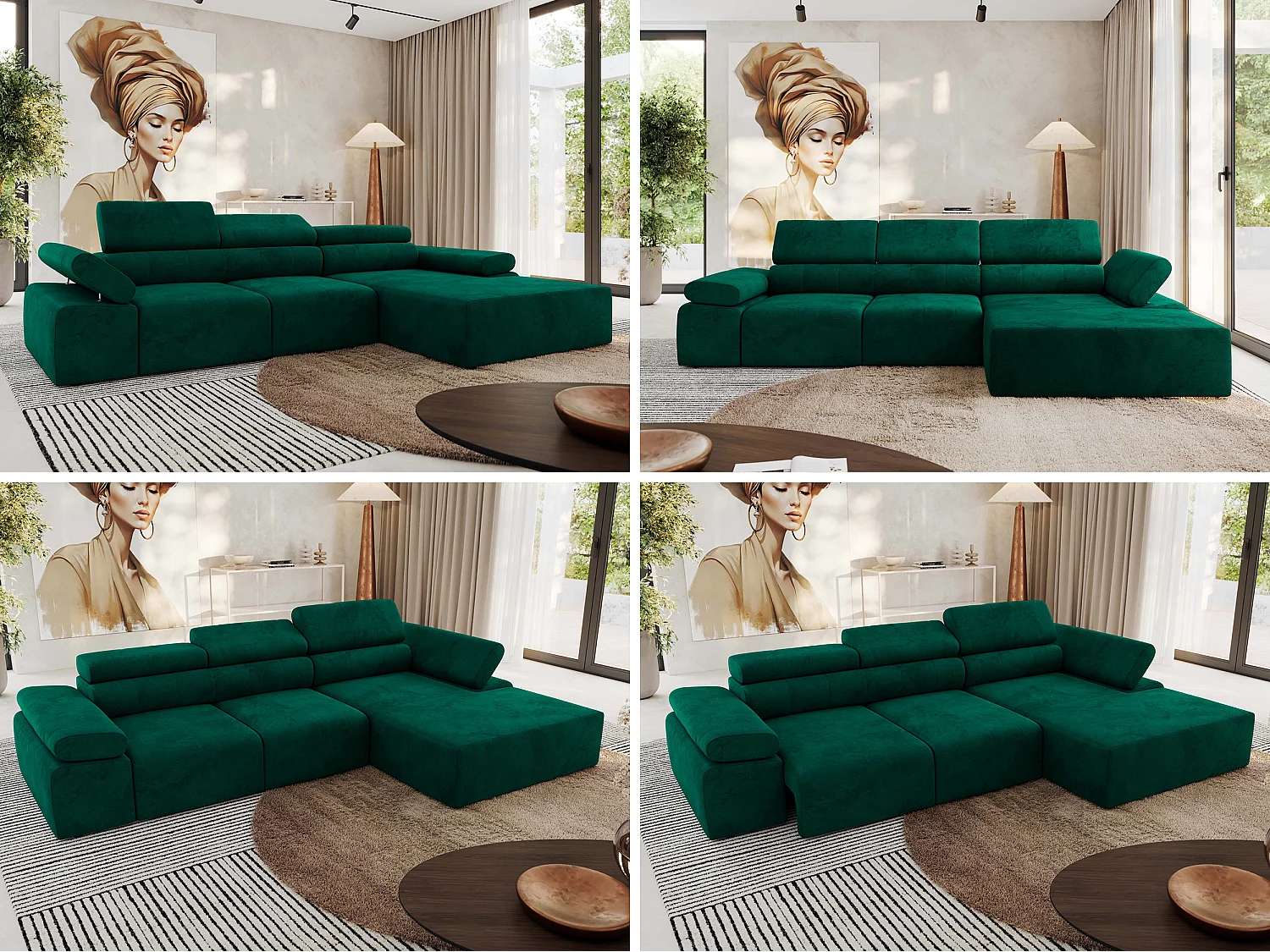 Ecksofa RILASSO - L-förmige Ecke mit Relax-funktion, elektrisch verstellbarer Sitz, Armlehnen - Dunkelgrün Velvet - Ecke Rechts
