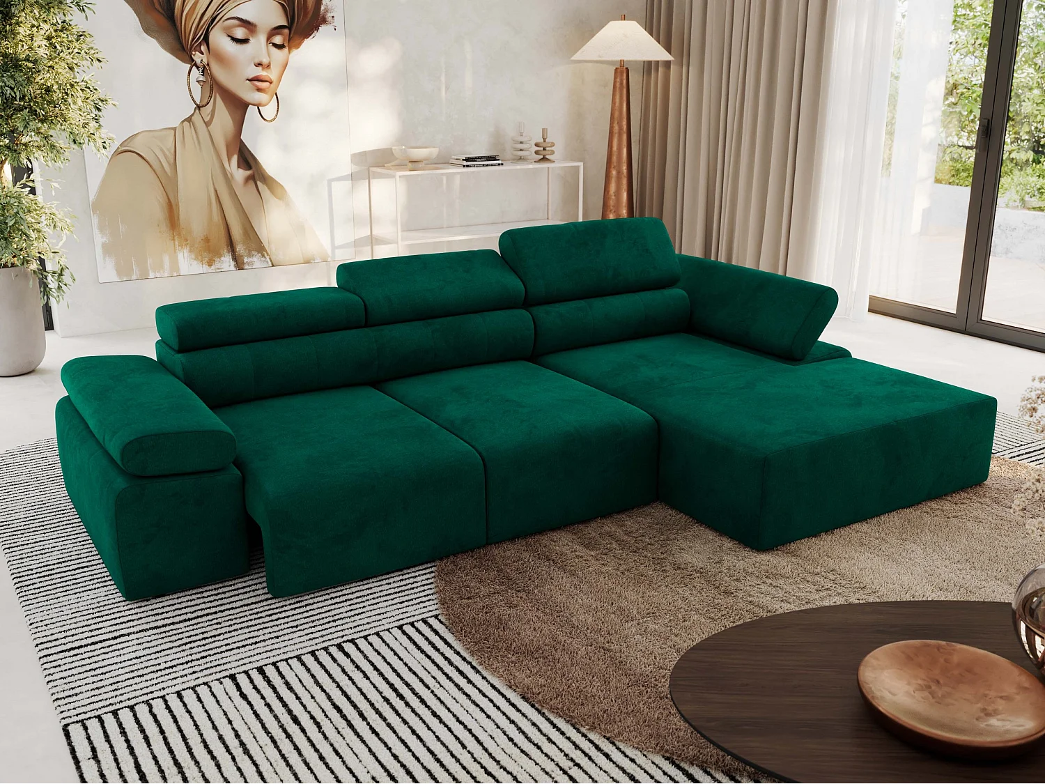 Ecksofa RILASSO - L-förmige Ecke mit Relax-funktion, elektrisch verstellbarer Sitz, Armlehnen - Dunkelgrün Velvet - Ecke Rechts