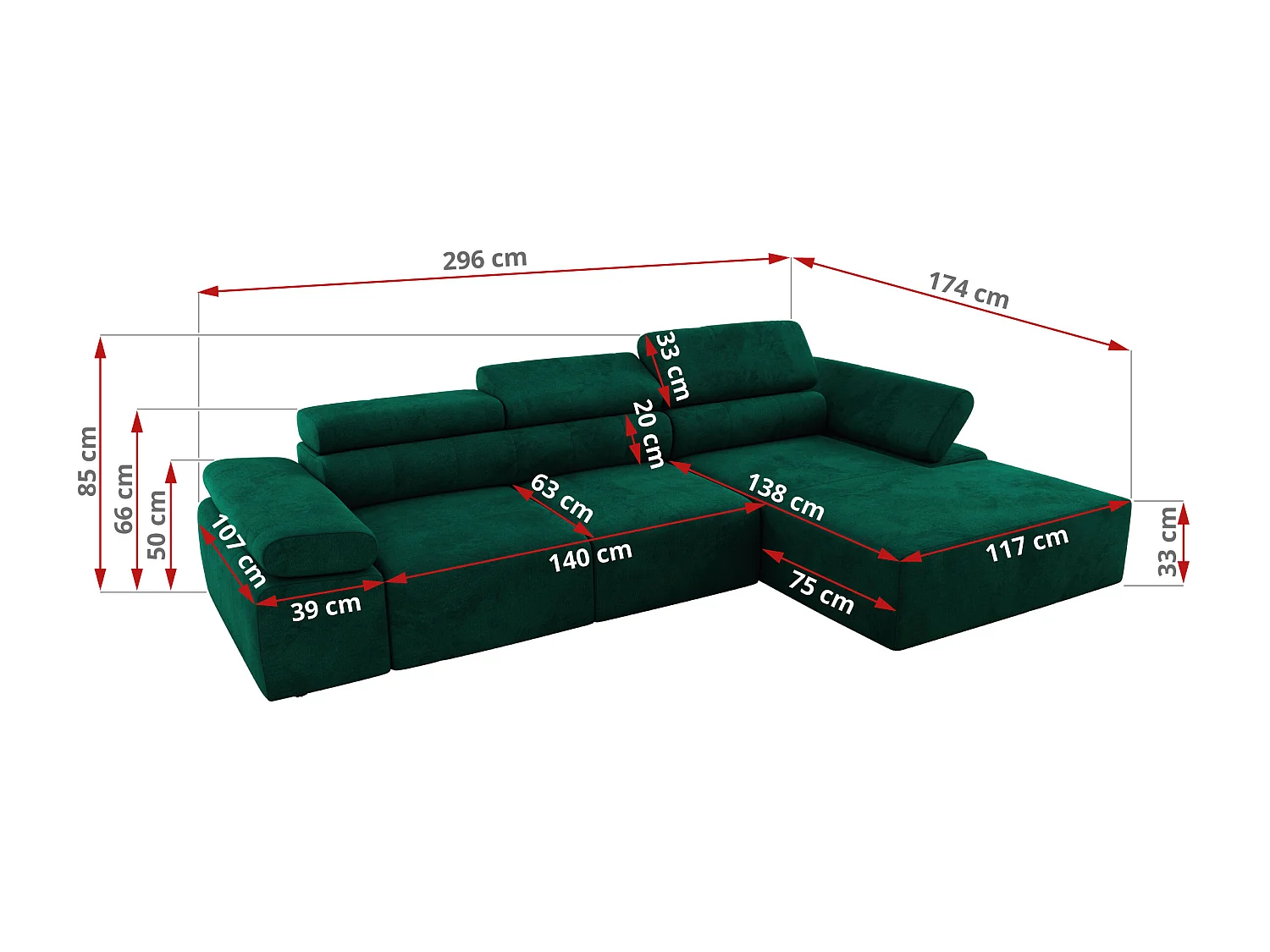 Ecksofa RILASSO - L-förmige Ecke mit Relax-funktion, elektrisch verstellbarer Sitz, Armlehnen - Dunkelgrün Velvet - Ecke Rechts