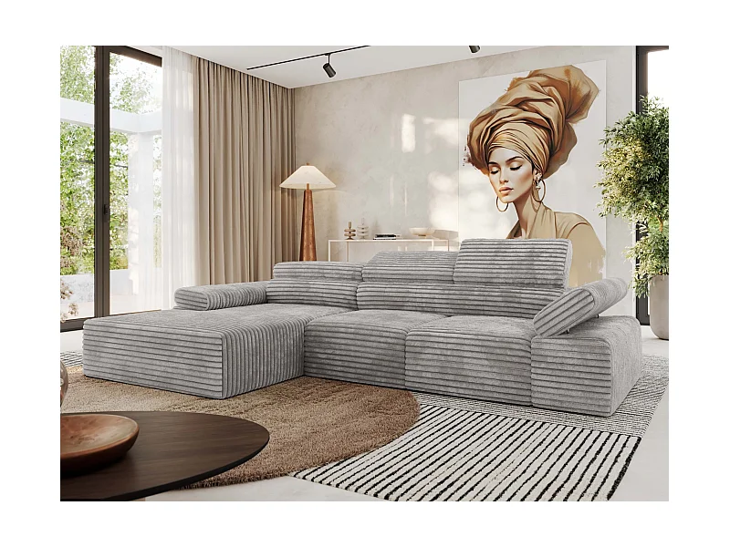 Ecksofa RILASSO - L-förmige Ecke mit Relax-funktion, elektrisch verstellbarer Sitz, Armlehnen - Hellgrau Cord - Ecke Links