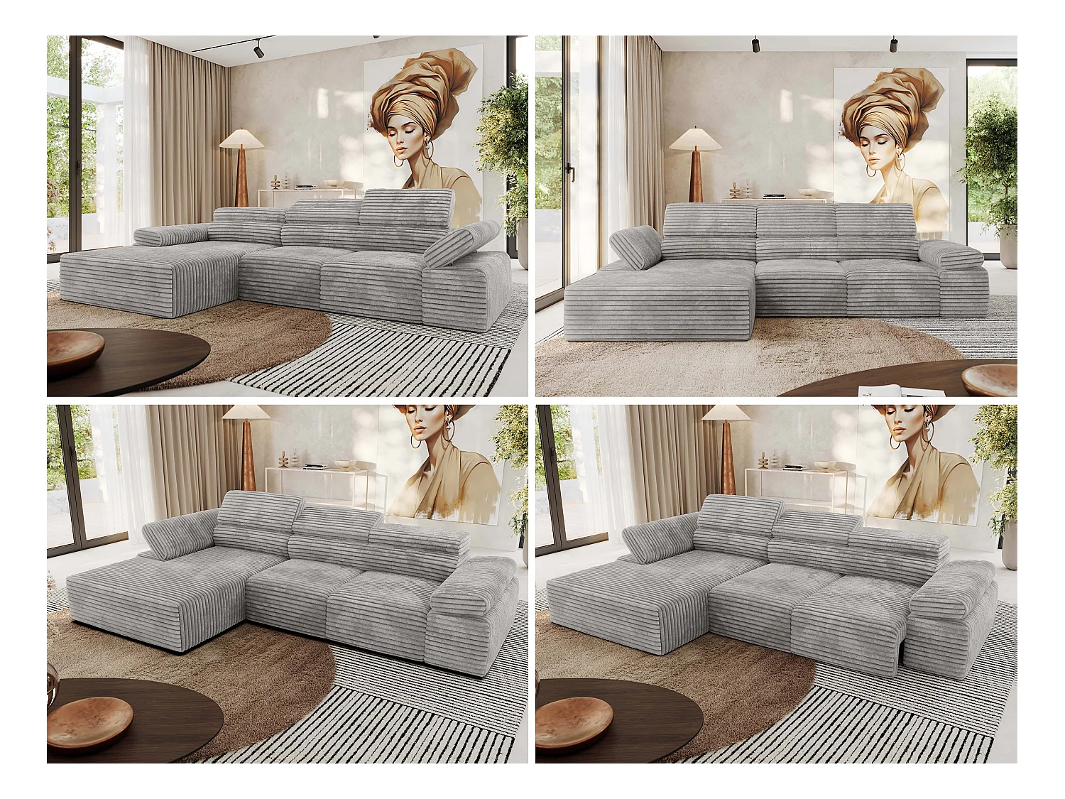 Ecksofa RILASSO - L-förmige Ecke mit Relax-funktion, elektrisch verstellbarer Sitz, Armlehnen - Hellgrau Cord - Ecke Links