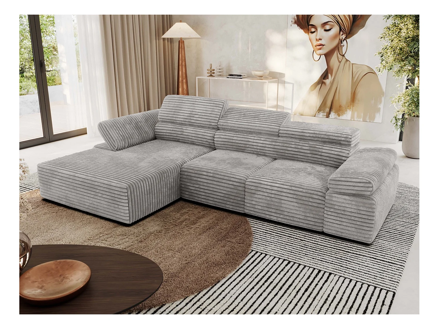 Ecksofa RILASSO - L-förmige Ecke mit Relax-funktion, elektrisch verstellbarer Sitz, Armlehnen - Hellgrau Cord - Ecke Links