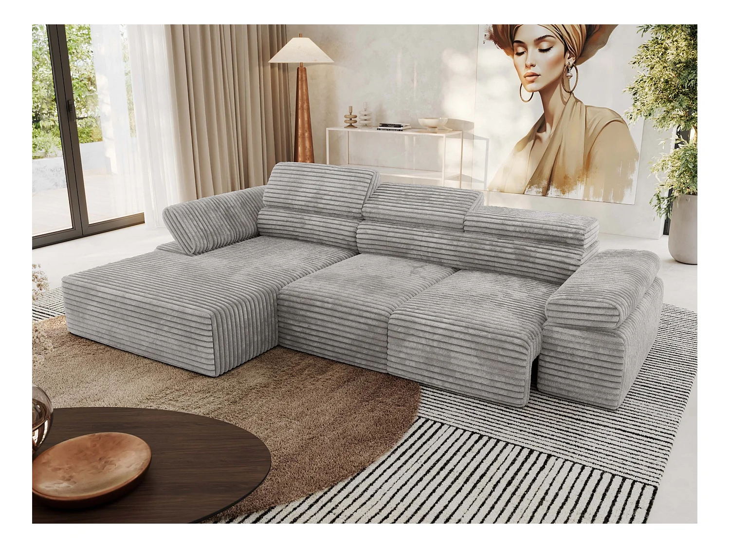 Ecksofa RILASSO - L-förmige Ecke mit Relax-funktion, elektrisch verstellbarer Sitz, Armlehnen - Hellgrau Cord - Ecke Links