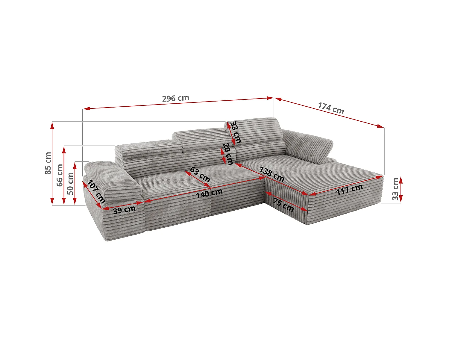 Ecksofa RILASSO - L-förmige Ecke mit Relax-funktion, elektrisch verstellbarer Sitz, Armlehnen - Hellgrau Cord - Ecke Links