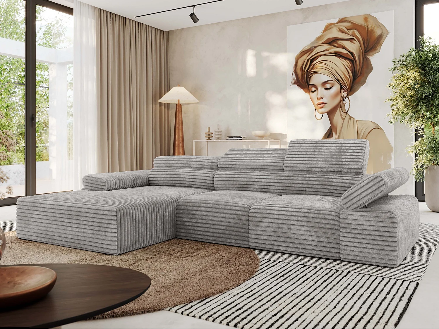 Ecksofa RILASSO - L-förmige Ecke mit Relax-funktion, elektrisch verstellbarer Sitz, Armlehnen - Hellgrau Cord - Ecke Links