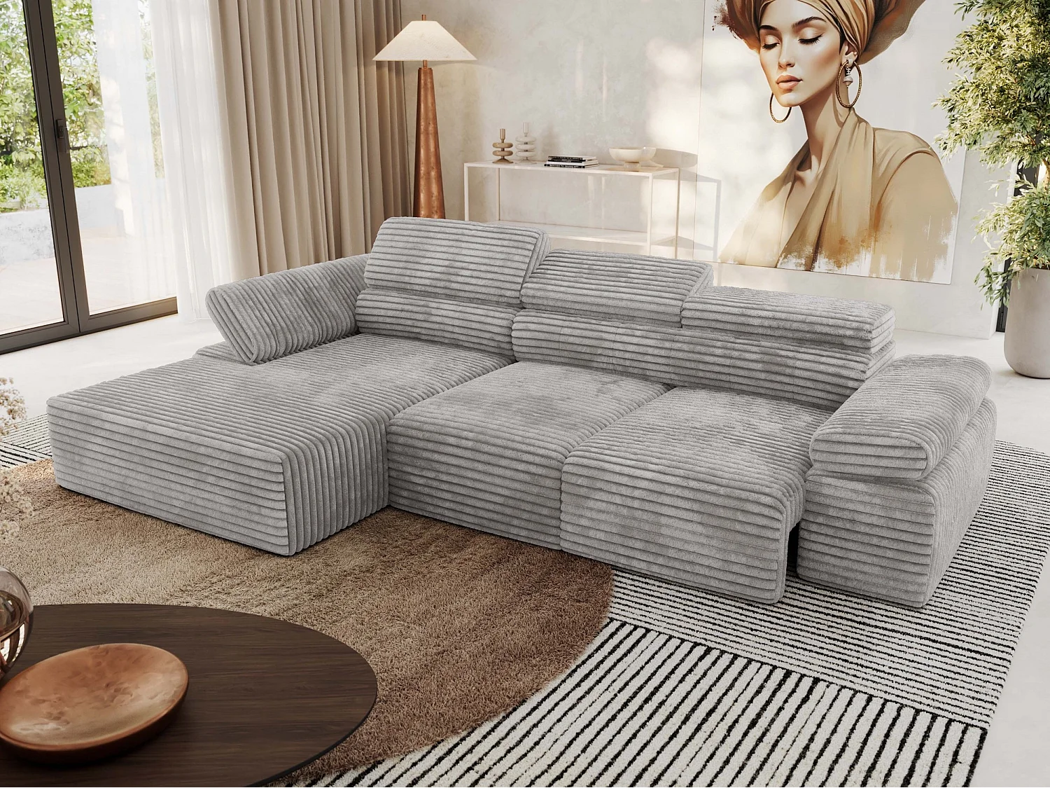 Ecksofa RILASSO - L-förmige Ecke mit Relax-funktion, elektrisch verstellbarer Sitz, Armlehnen - Hellgrau Cord - Ecke Links