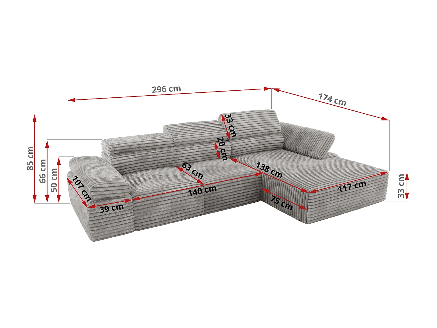 Ecksofa RILASSO - L-förmige Ecke mit Relax-funktion, elektrisch verstellbarer Sitz, Armlehnen - Hellgrau Cord - Ecke Links