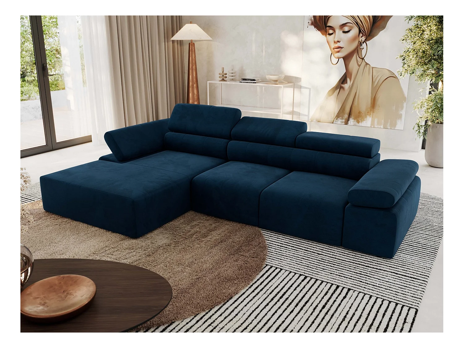 Ecksofa RILASSO - L-förmige Ecke mit Relax-funktion, elektrisch verstellbarer Sitz, Armlehnen - Dunkelblau Velvet - Ecke Links