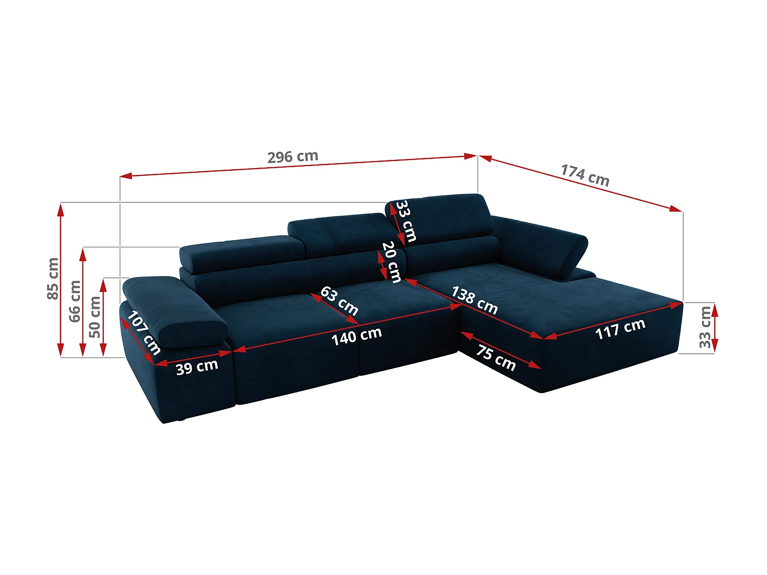 Ecksofa RILASSO - L-förmige Ecke mit Relax-funktion, elektrisch verstellbarer Sitz, Armlehnen - Dunkelblau Velvet - Ecke Links