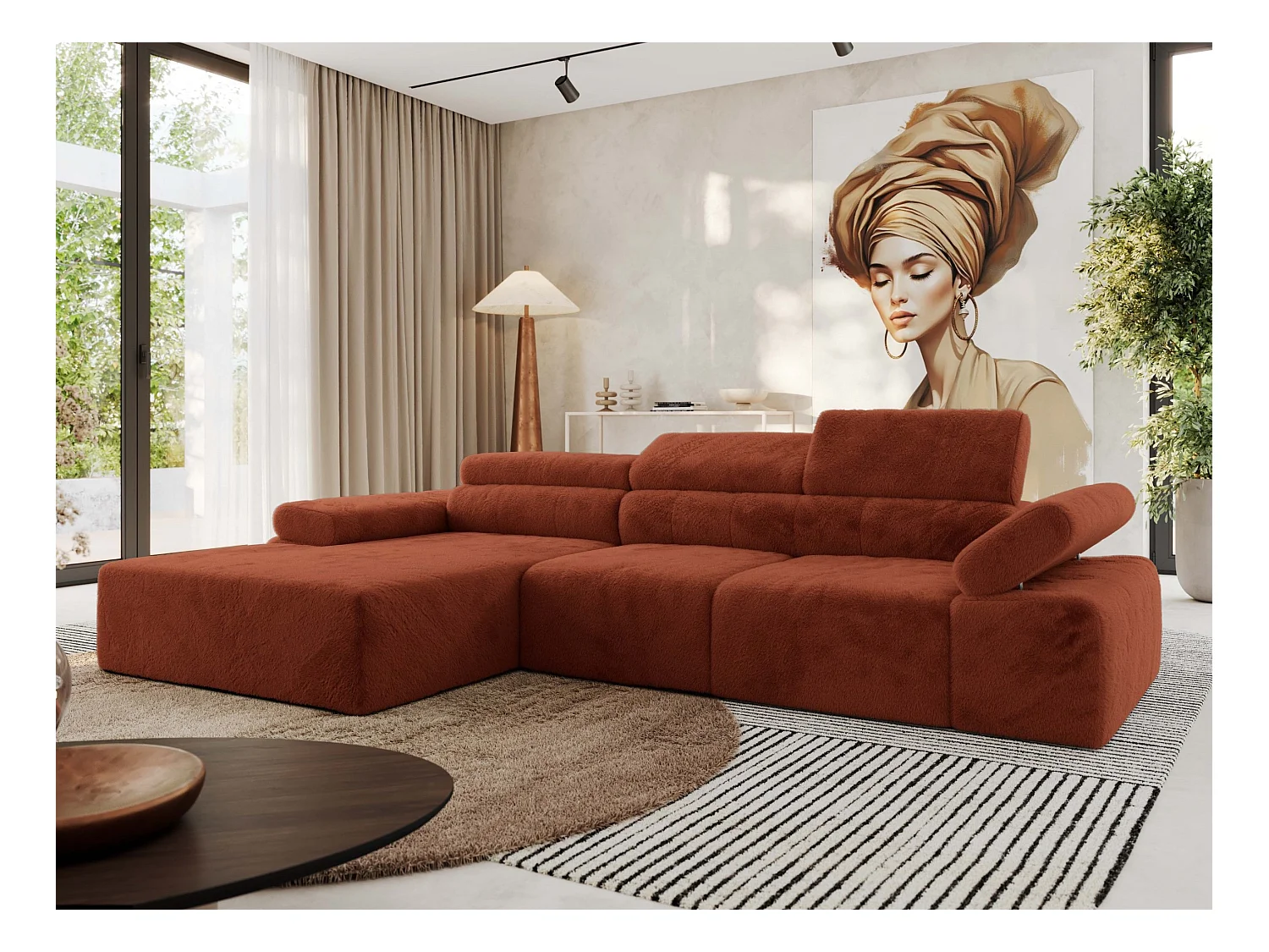 Ecksofa RILASSO - L-förmige Ecke mit Relax-funktion, elektrisch verstellbarer Sitz, Armlehnen - Orange Plüsch - Ecke Links