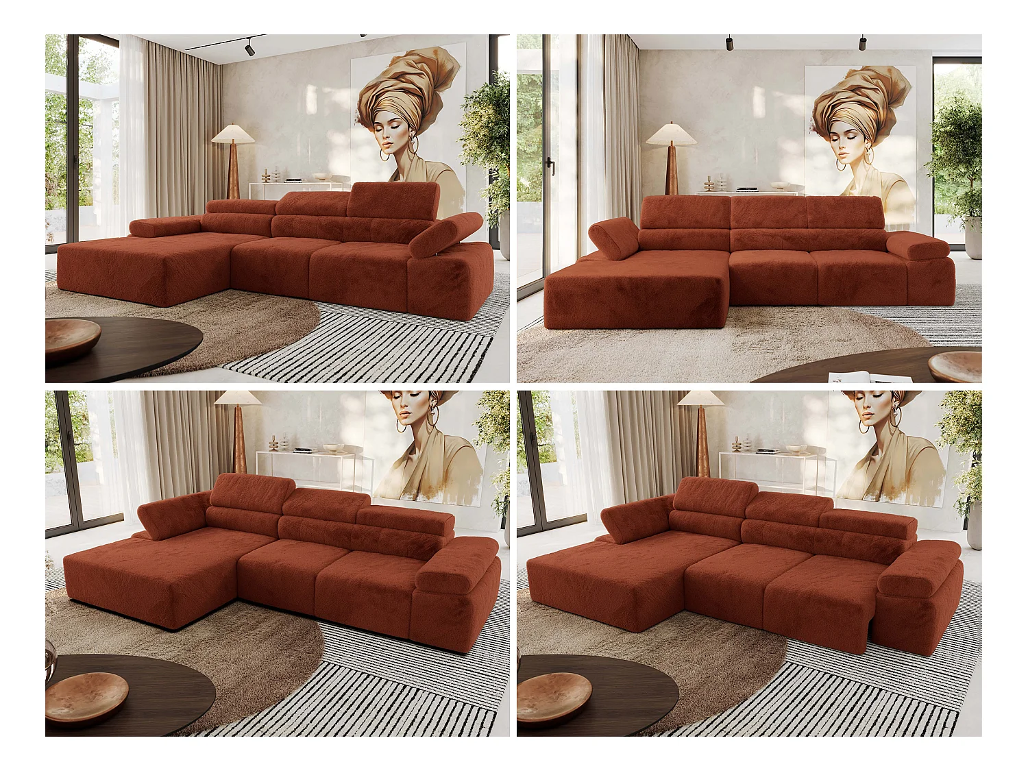 Ecksofa RILASSO - L-förmige Ecke mit Relax-funktion, elektrisch verstellbarer Sitz, Armlehnen - Orange Plüsch - Ecke Links