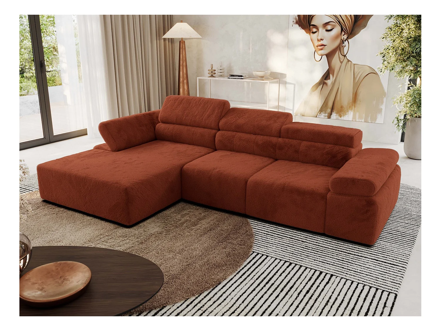 Ecksofa RILASSO - L-förmige Ecke mit Relax-funktion, elektrisch verstellbarer Sitz, Armlehnen - Orange Plüsch - Ecke Links