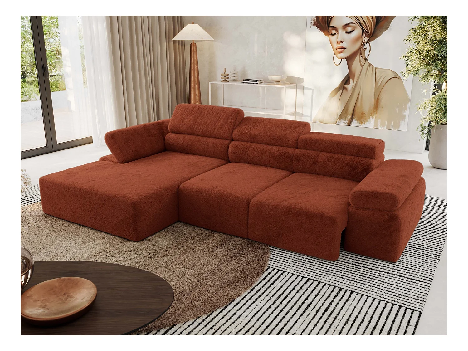 Ecksofa RILASSO - L-förmige Ecke mit Relax-funktion, elektrisch verstellbarer Sitz, Armlehnen - Orange Plüsch - Ecke Links