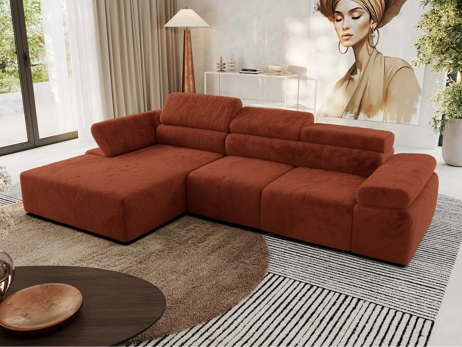 Ecksofa RILASSO - L-förmige Ecke mit Relax-funktion, elektrisch verstellbarer Sitz, Armlehnen - Orange Plüsch - Ecke Links