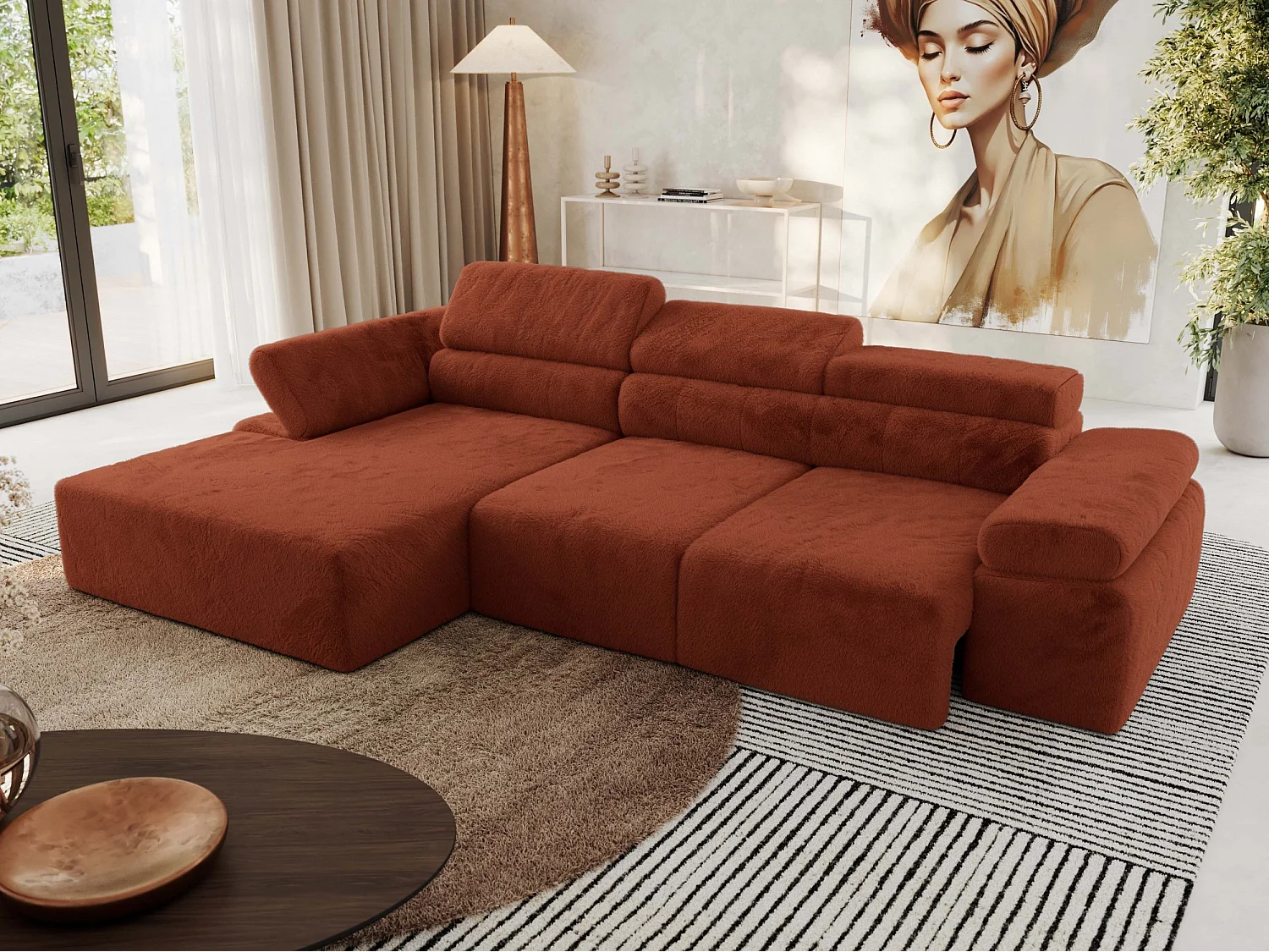 Ecksofa RILASSO - L-förmige Ecke mit Relax-funktion, elektrisch verstellbarer Sitz, Armlehnen - Orange Plüsch - Ecke Links