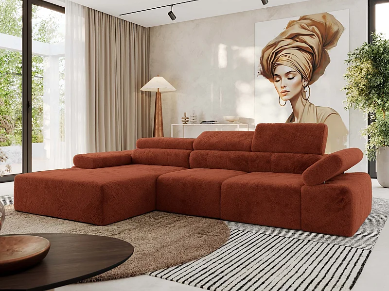 Ecksofa RILASSO - L-förmige Ecke mit Relax-funktion, elektrisch verstellbarer Sitz, Armlehnen - Orange Plüsch - Ecke Links