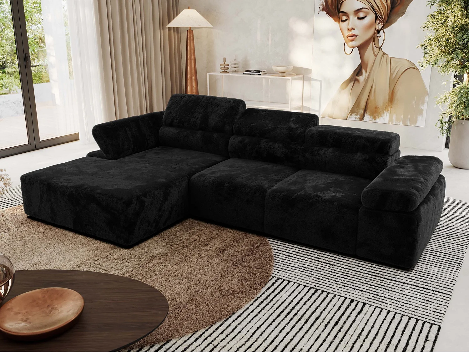 Ecksofa RILASSO - L-förmige Ecke mit Relax-funktion, elektrisch verstellbarer Sitz, Armlehnen - Schwarz Plüsch - Ecke Links