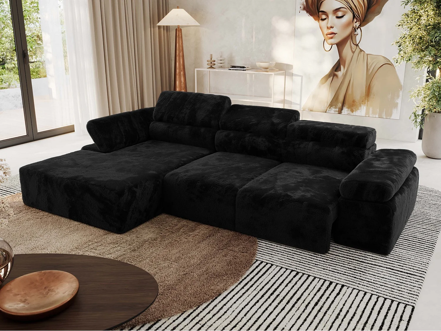 Ecksofa RILASSO - L-förmige Ecke mit Relax-funktion, elektrisch verstellbarer Sitz, Armlehnen - Schwarz Plüsch - Ecke Links