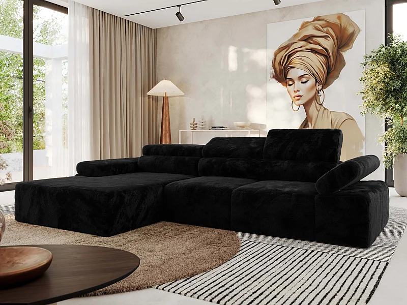 Ecksofa RILASSO - L-förmige Ecke mit Relax-funktion, elektrisch verstellbarer Sitz, Armlehnen - Schwarz Plüsch - Ecke Links