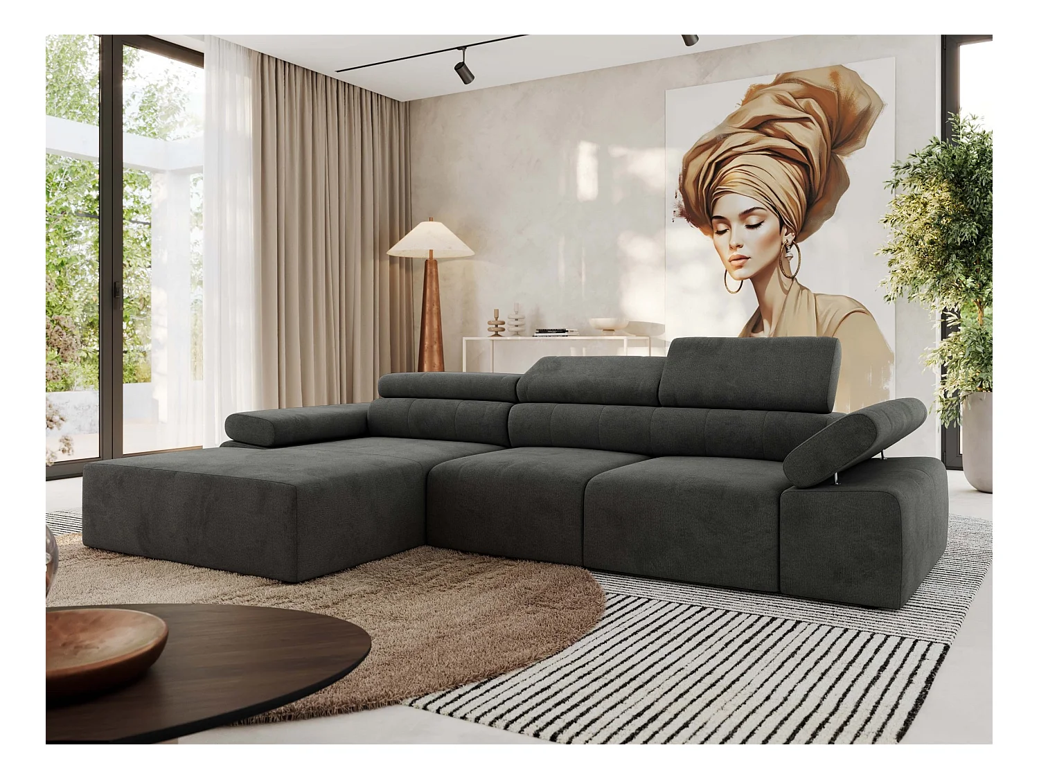 Ecksofa RILASSO - L-förmige Ecke mit Relax-funktion, elektrisch verstellbarer Sitz, Armlehnen - Dunkelgrau Velvet - Ecke Links