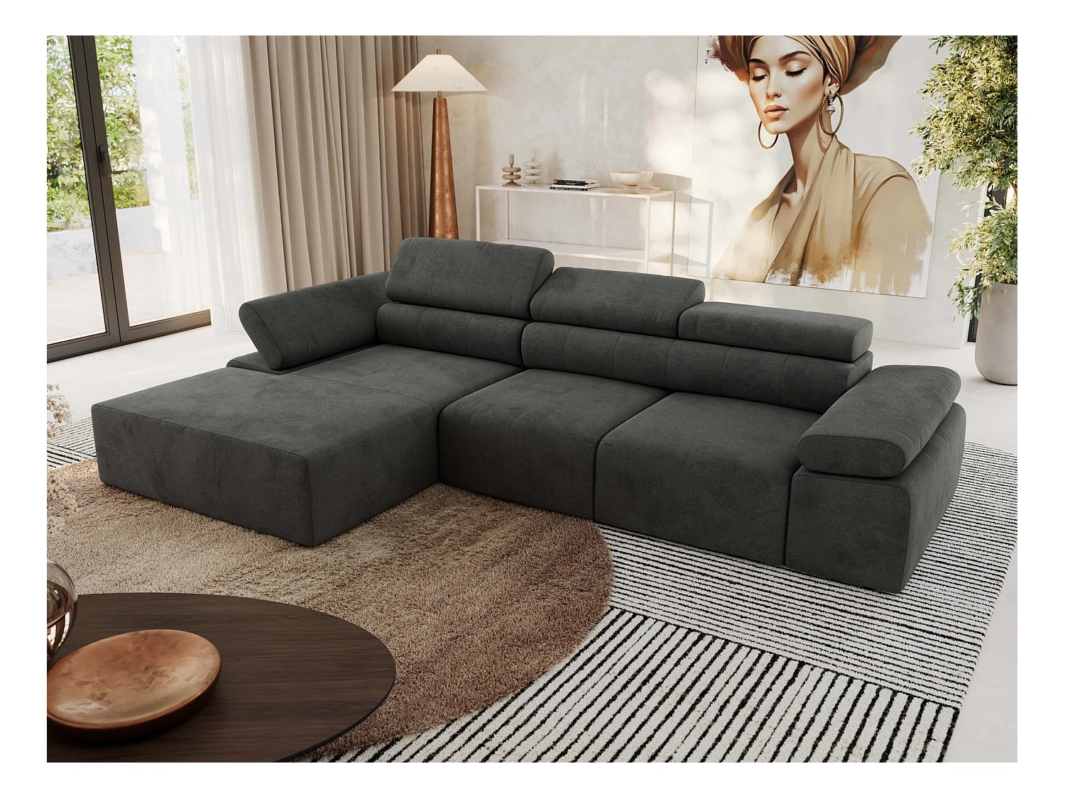 Ecksofa RILASSO - L-förmige Ecke mit Relax-funktion, elektrisch verstellbarer Sitz, Armlehnen - Dunkelgrau Velvet - Ecke Links