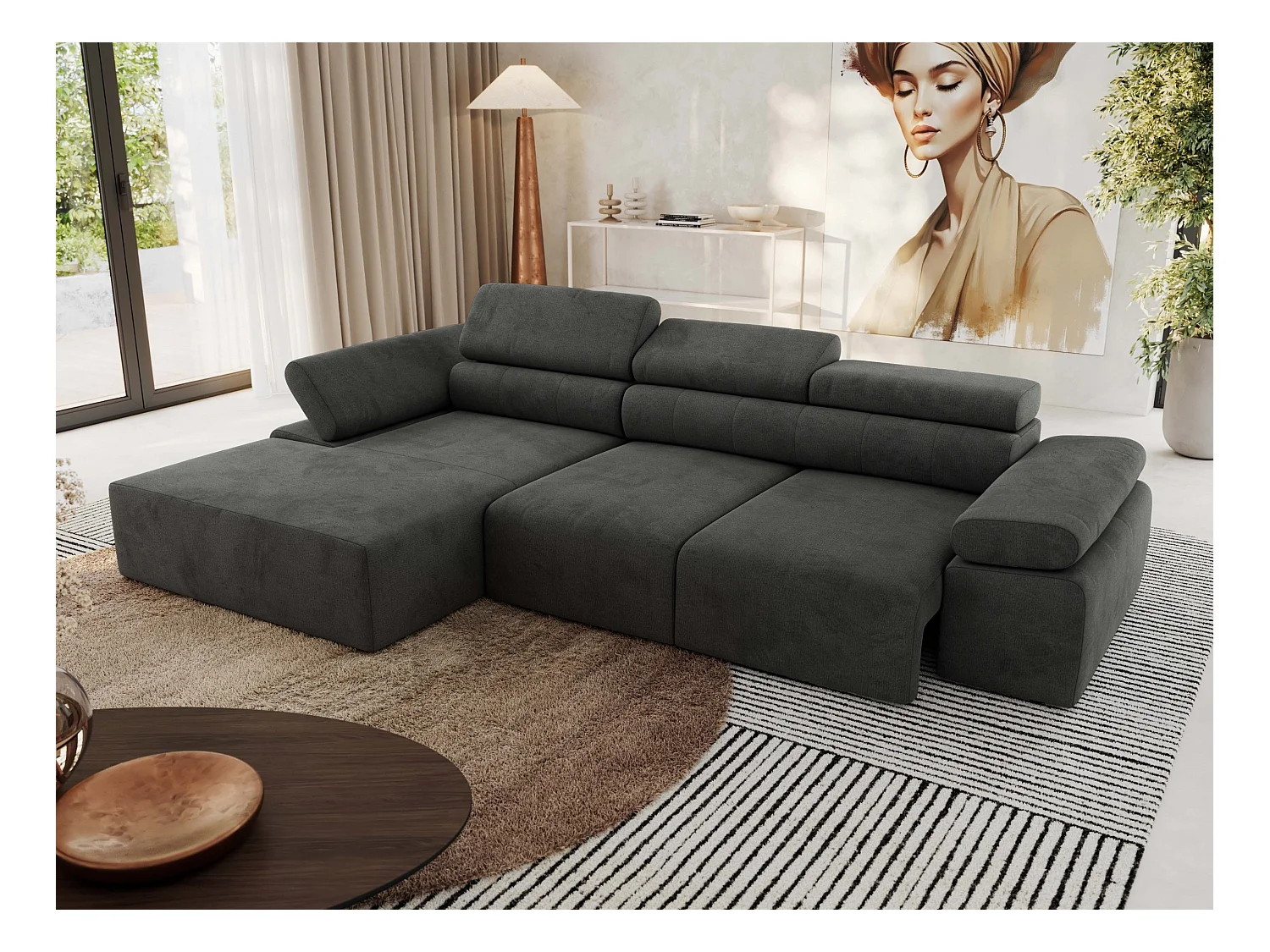 Ecksofa RILASSO - L-förmige Ecke mit Relax-funktion, elektrisch verstellbarer Sitz, Armlehnen - Dunkelgrau Velvet - Ecke Links