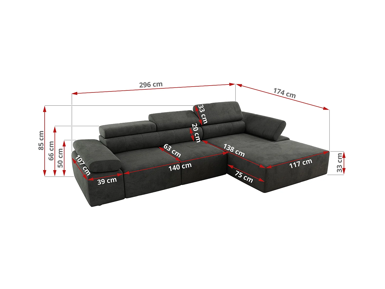 Ecksofa RILASSO - L-förmige Ecke mit Relax-funktion, elektrisch verstellbarer Sitz, Armlehnen - Dunkelgrau Velvet - Ecke Links