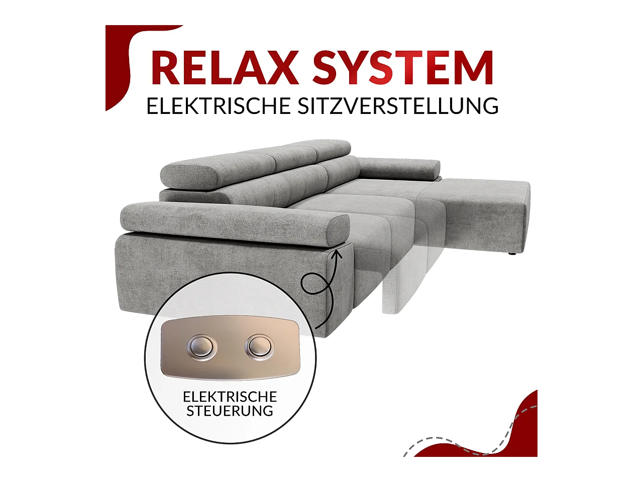 Ecksofa RILASSO - L-förmige Ecke mit Relax-funktion, elektrisch verstellbarer Sitz, Armlehnen - Dunkelgrau Velvet - Ecke Links