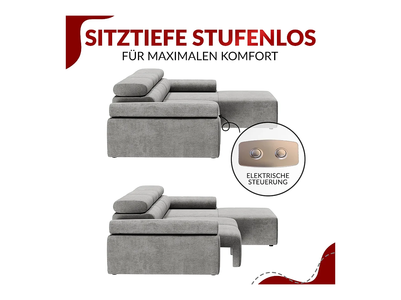 Ecksofa RILASSO - L-förmige Ecke mit Relax-funktion, elektrisch verstellbarer Sitz, Armlehnen - Dunkelgrau Velvet - Ecke Links