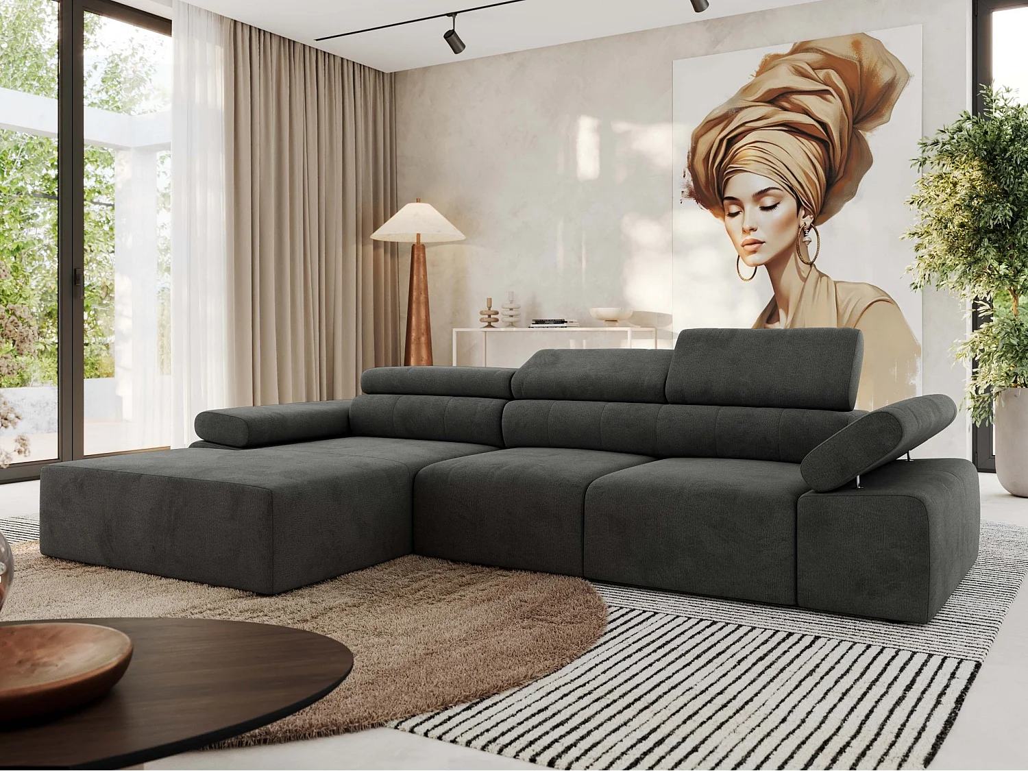 Ecksofa RILASSO - L-förmige Ecke mit Relax-funktion, elektrisch verstellbarer Sitz, Armlehnen - Dunkelgrau Velvet - Ecke Links