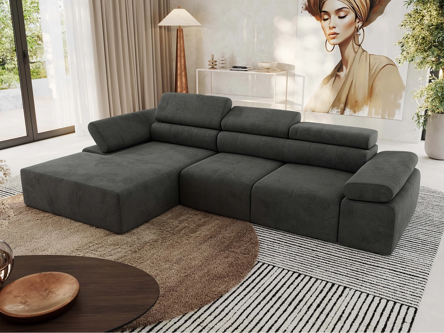 Ecksofa RILASSO - L-förmige Ecke mit Relax-funktion, elektrisch verstellbarer Sitz, Armlehnen - Dunkelgrau Velvet - Ecke Links