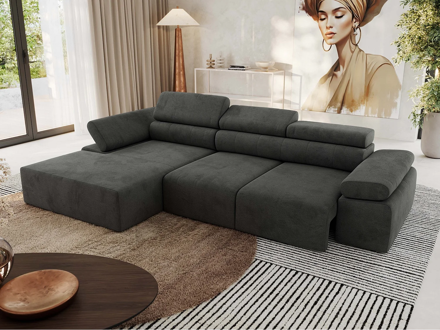 Ecksofa RILASSO - L-förmige Ecke mit Relax-funktion, elektrisch verstellbarer Sitz, Armlehnen - Dunkelgrau Velvet - Ecke Links