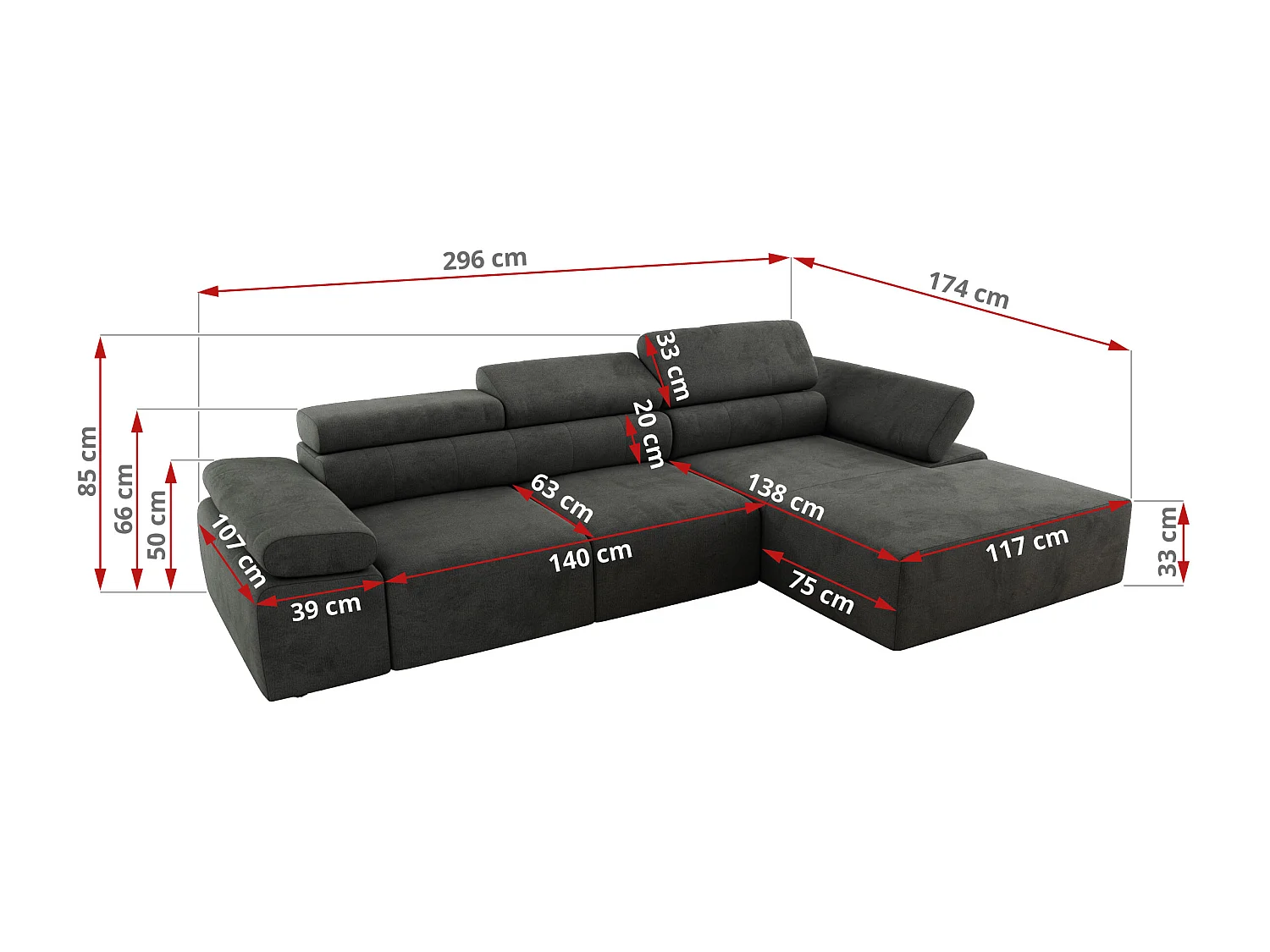 Ecksofa RILASSO - L-förmige Ecke mit Relax-funktion, elektrisch verstellbarer Sitz, Armlehnen - Dunkelgrau Velvet - Ecke Links