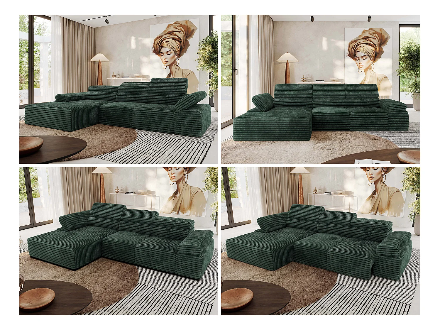 Ecksofa RILASSO - L-förmige Ecke mit Relax-funktion, elektrisch verstellbarer Sitz, Armlehnen - Grün Cord - Ecke Links