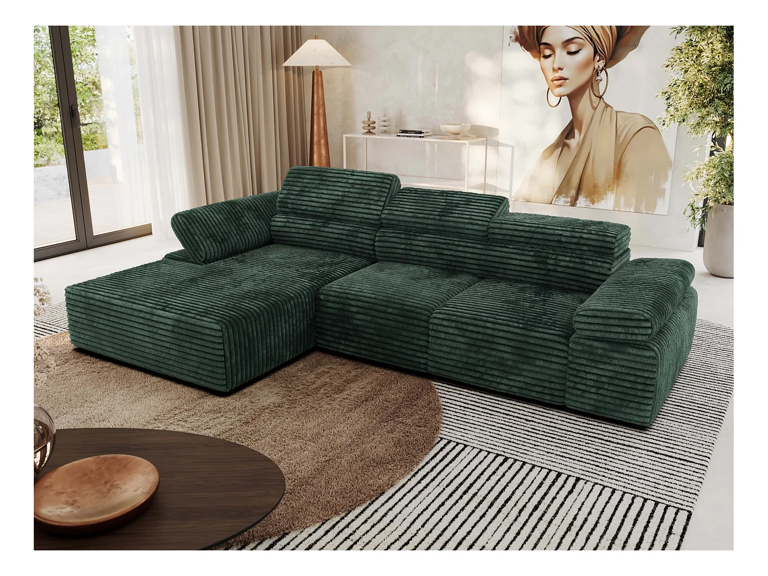 Ecksofa RILASSO - L-förmige Ecke mit Relax-funktion, elektrisch verstellbarer Sitz, Armlehnen - Grün Cord - Ecke Links