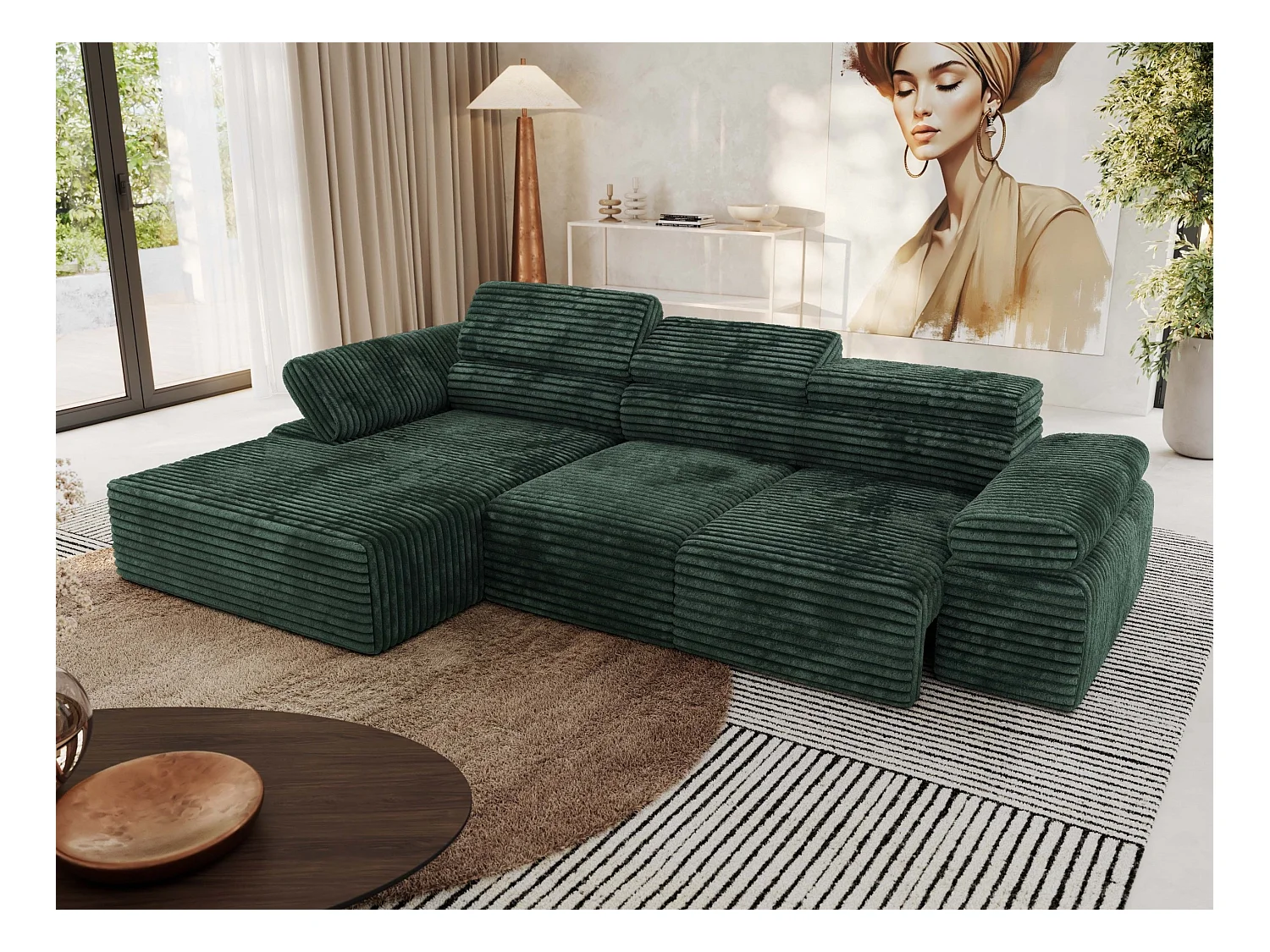Ecksofa RILASSO - L-förmige Ecke mit Relax-funktion, elektrisch verstellbarer Sitz, Armlehnen - Grün Cord - Ecke Links