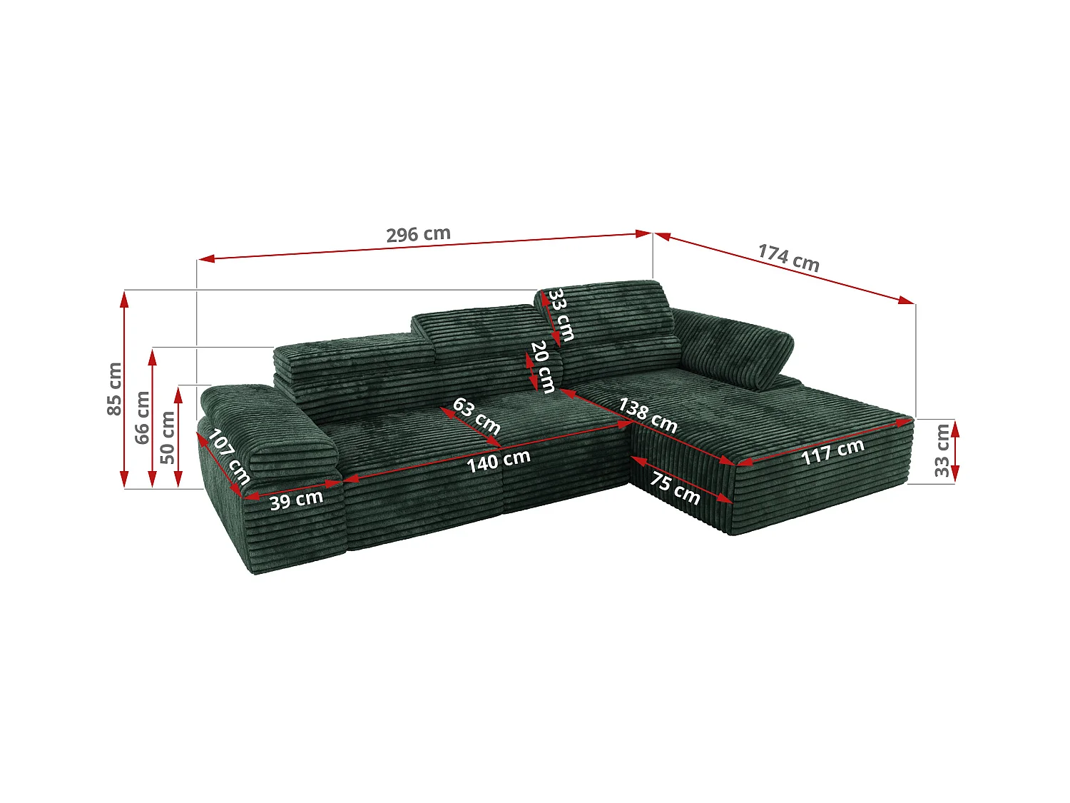 Ecksofa RILASSO - L-förmige Ecke mit Relax-funktion, elektrisch verstellbarer Sitz, Armlehnen - Grün Cord - Ecke Links