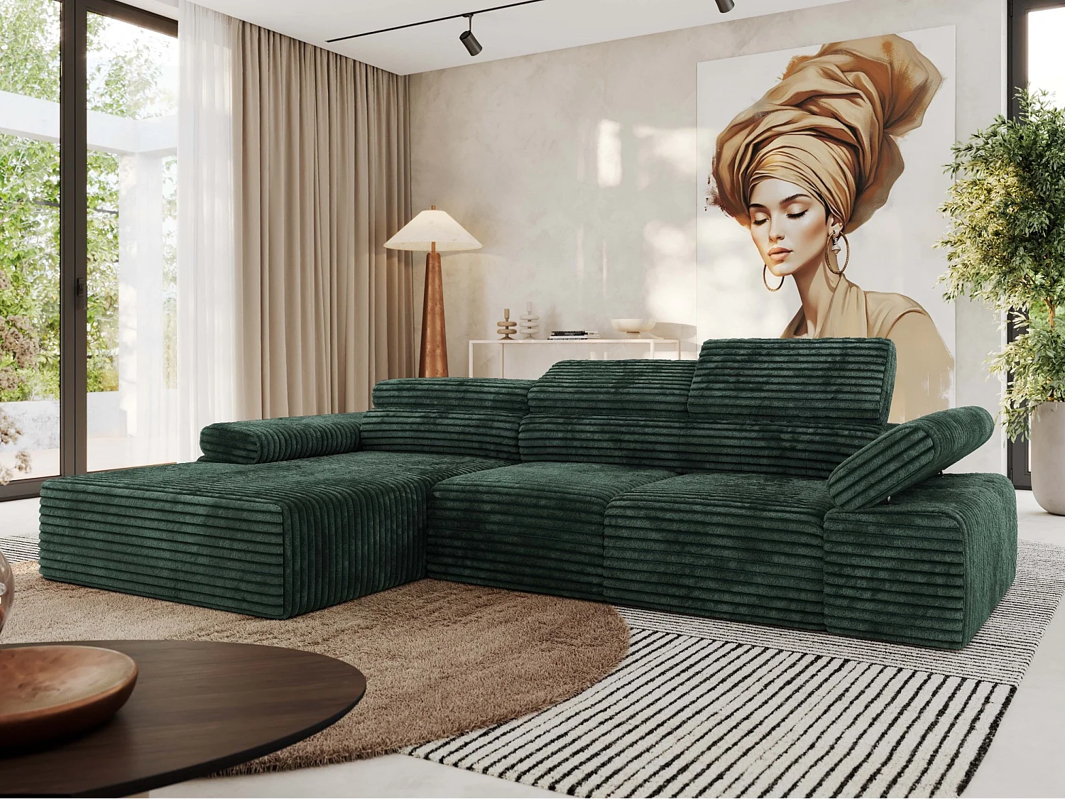 Ecksofa RILASSO - L-förmige Ecke mit Relax-funktion, elektrisch verstellbarer Sitz, Armlehnen - Grün Cord - Ecke Links