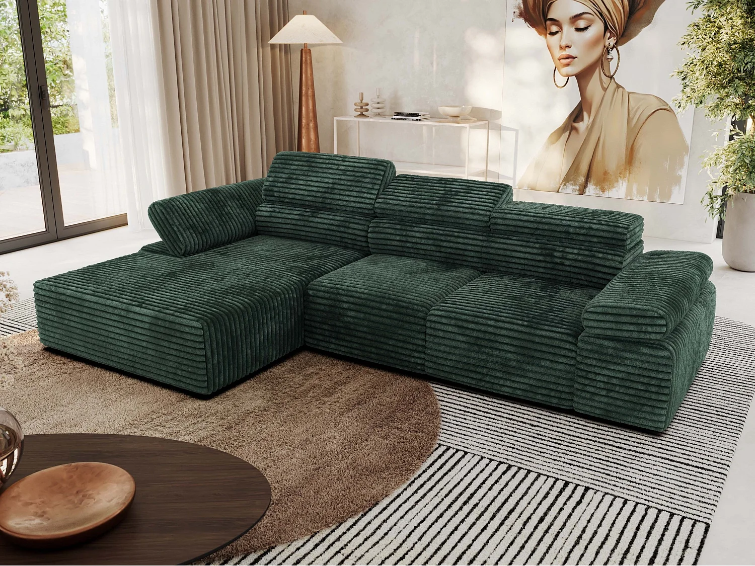 Ecksofa RILASSO - L-förmige Ecke mit Relax-funktion, elektrisch verstellbarer Sitz, Armlehnen - Grün Cord - Ecke Links
