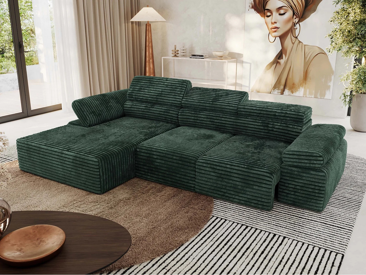 Ecksofa RILASSO - L-förmige Ecke mit Relax-funktion, elektrisch verstellbarer Sitz, Armlehnen - Grün Cord - Ecke Links