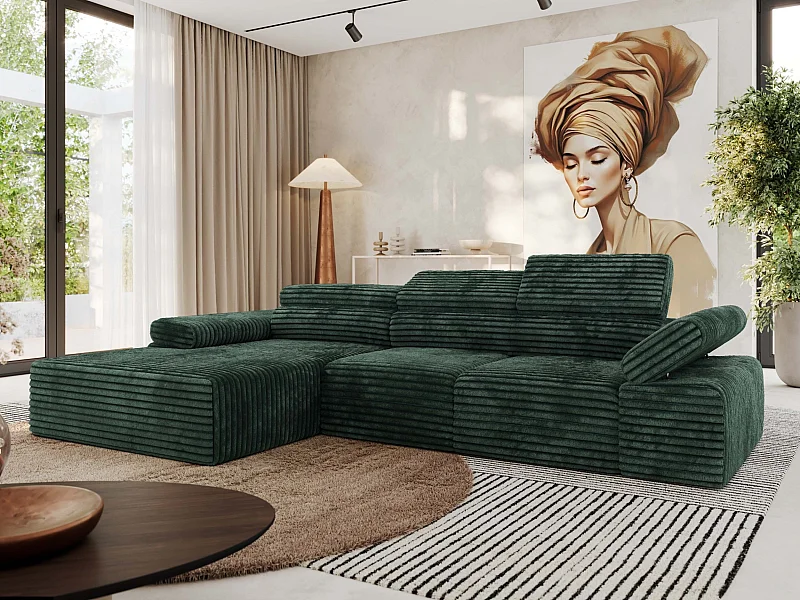 Ecksofa RILASSO - L-förmige Ecke mit Relax-funktion, elektrisch verstellbarer Sitz, Armlehnen - Grün Cord - Ecke Links