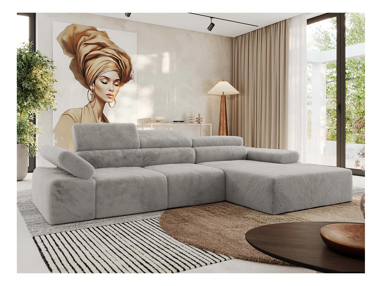 Ecksofa RILASSO - L-förmige Ecke mit Relax-funktion, elektrisch verstellbarer Sitz, Armlehnen - Hellgrau Plüsch - Ecke Rechts