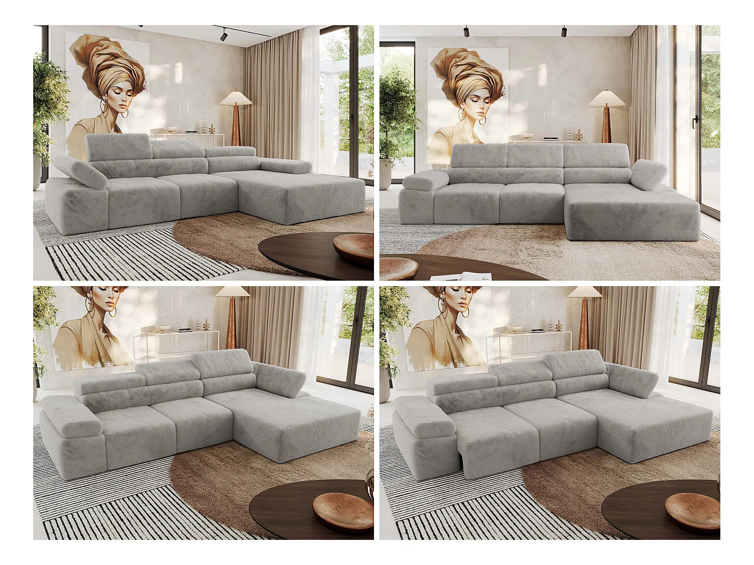 Ecksofa RILASSO - L-förmige Ecke mit Relax-funktion, elektrisch verstellbarer Sitz, Armlehnen - Hellgrau Plüsch - Ecke Rechts