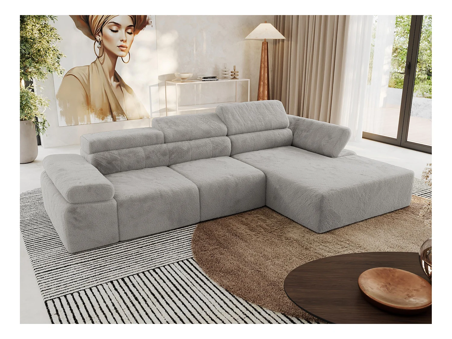 Ecksofa RILASSO - L-förmige Ecke mit Relax-funktion, elektrisch verstellbarer Sitz, Armlehnen - Hellgrau Plüsch - Ecke Rechts