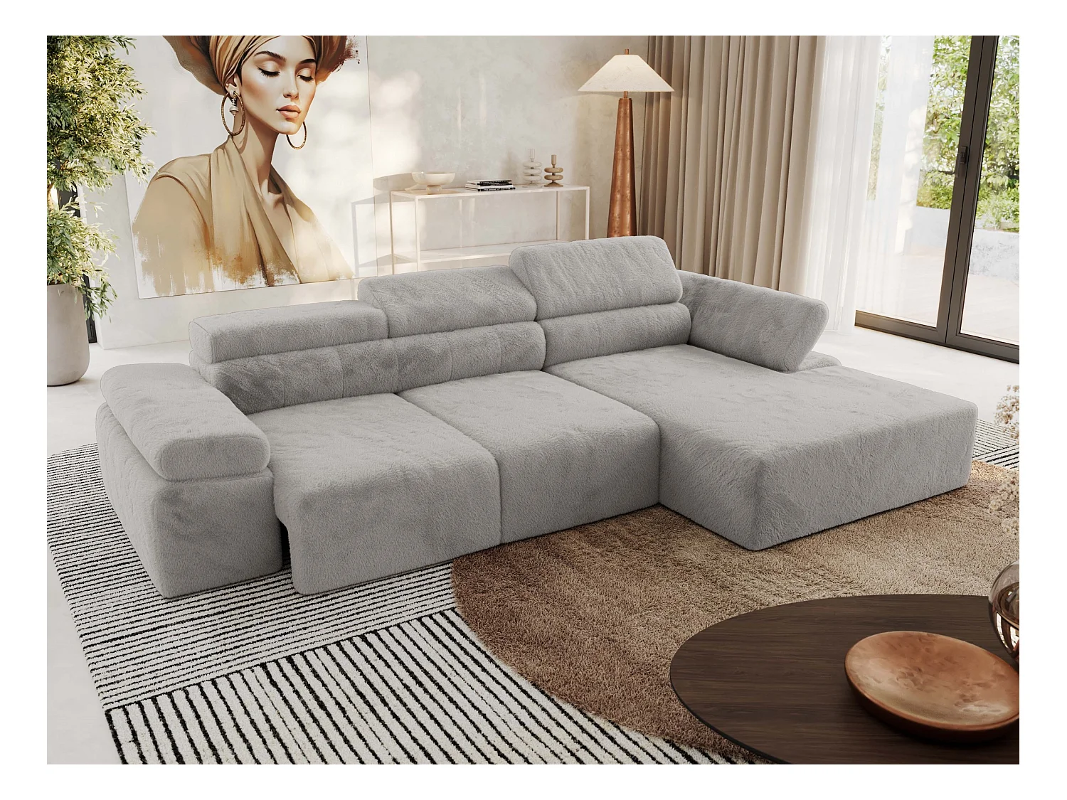 Ecksofa RILASSO - L-förmige Ecke mit Relax-funktion, elektrisch verstellbarer Sitz, Armlehnen - Hellgrau Plüsch - Ecke Rechts