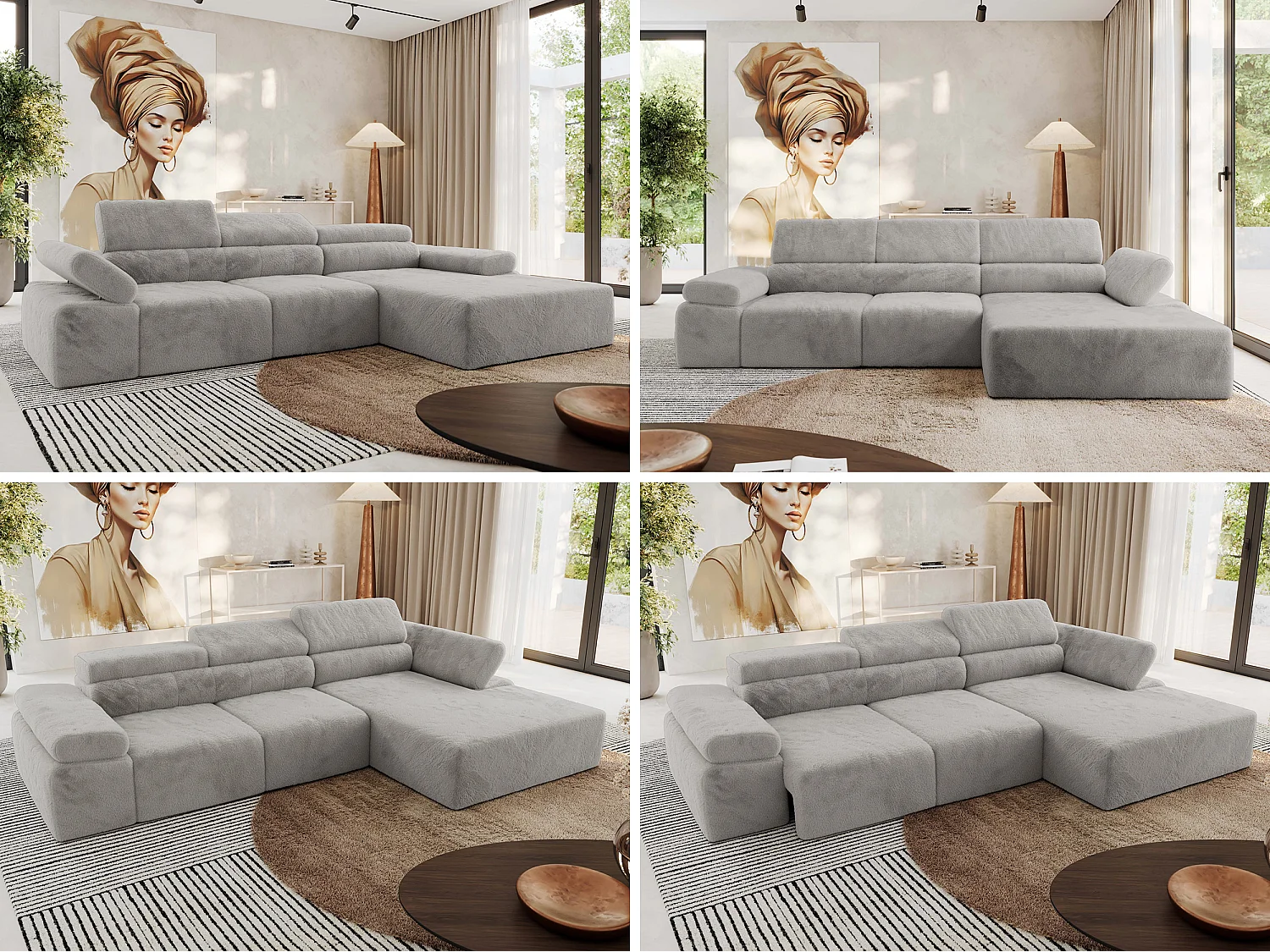 Ecksofa RILASSO - L-förmige Ecke mit Relax-funktion, elektrisch verstellbarer Sitz, Armlehnen - Hellgrau Plüsch - Ecke Rechts