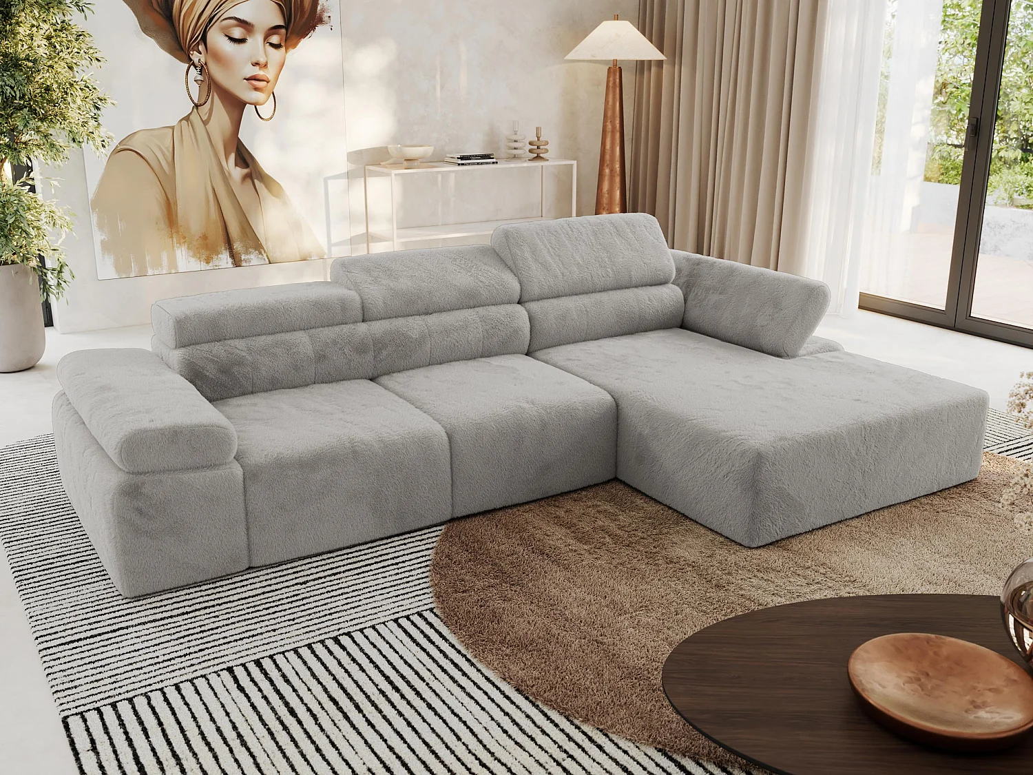 Ecksofa RILASSO - L-förmige Ecke mit Relax-funktion, elektrisch verstellbarer Sitz, Armlehnen - Hellgrau Plüsch - Ecke Rechts