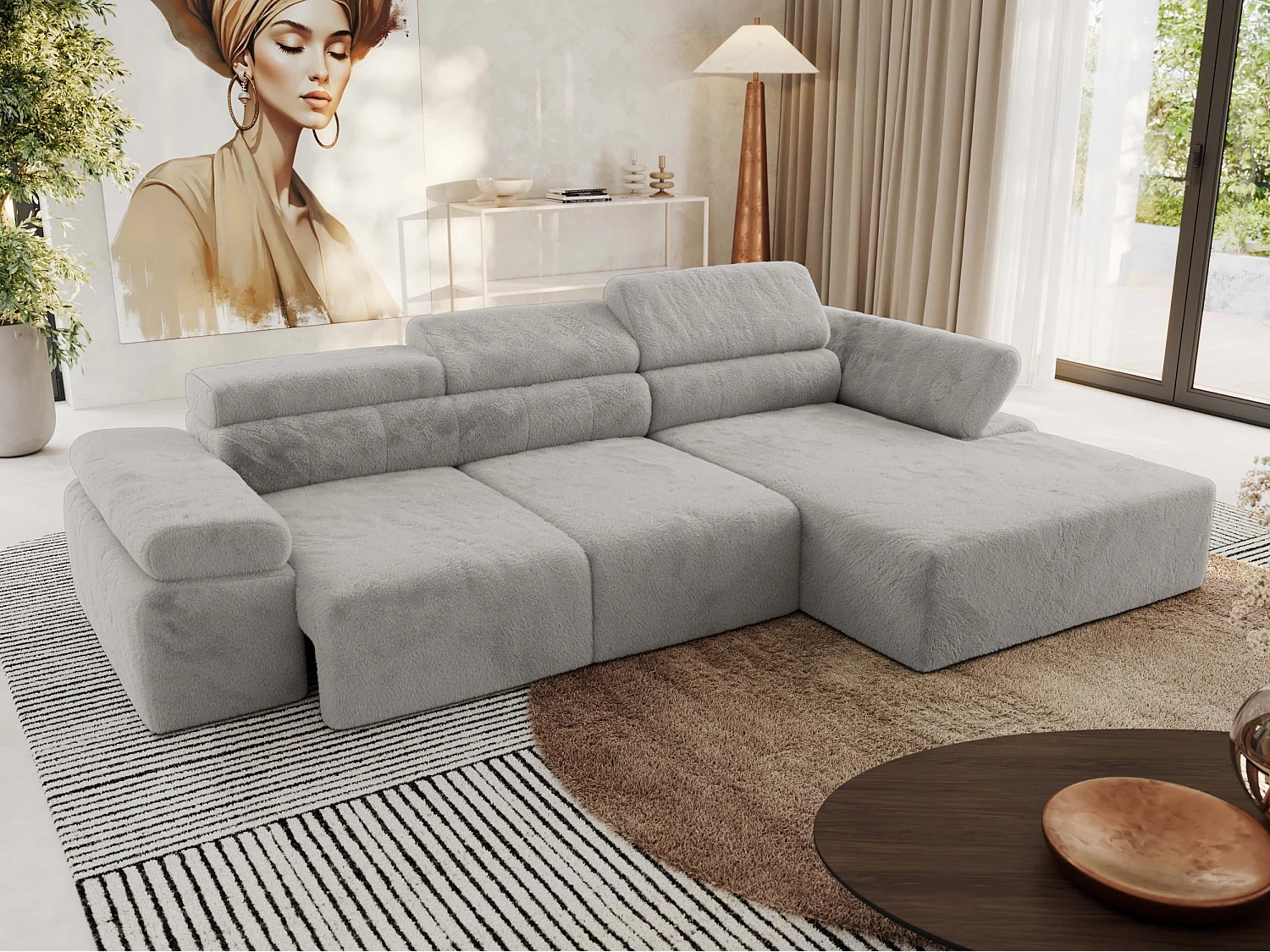 Ecksofa RILASSO - L-förmige Ecke mit Relax-funktion, elektrisch verstellbarer Sitz, Armlehnen - Hellgrau Plüsch - Ecke Rechts